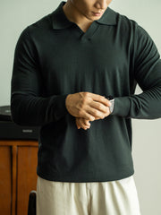 Wool & Mulberry Silk Knit Long Sleeve Polo T-Shirt