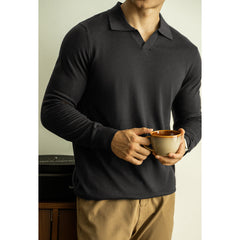 Wool & Mulberry Silk Knit Long Sleeve Polo T-Shirt